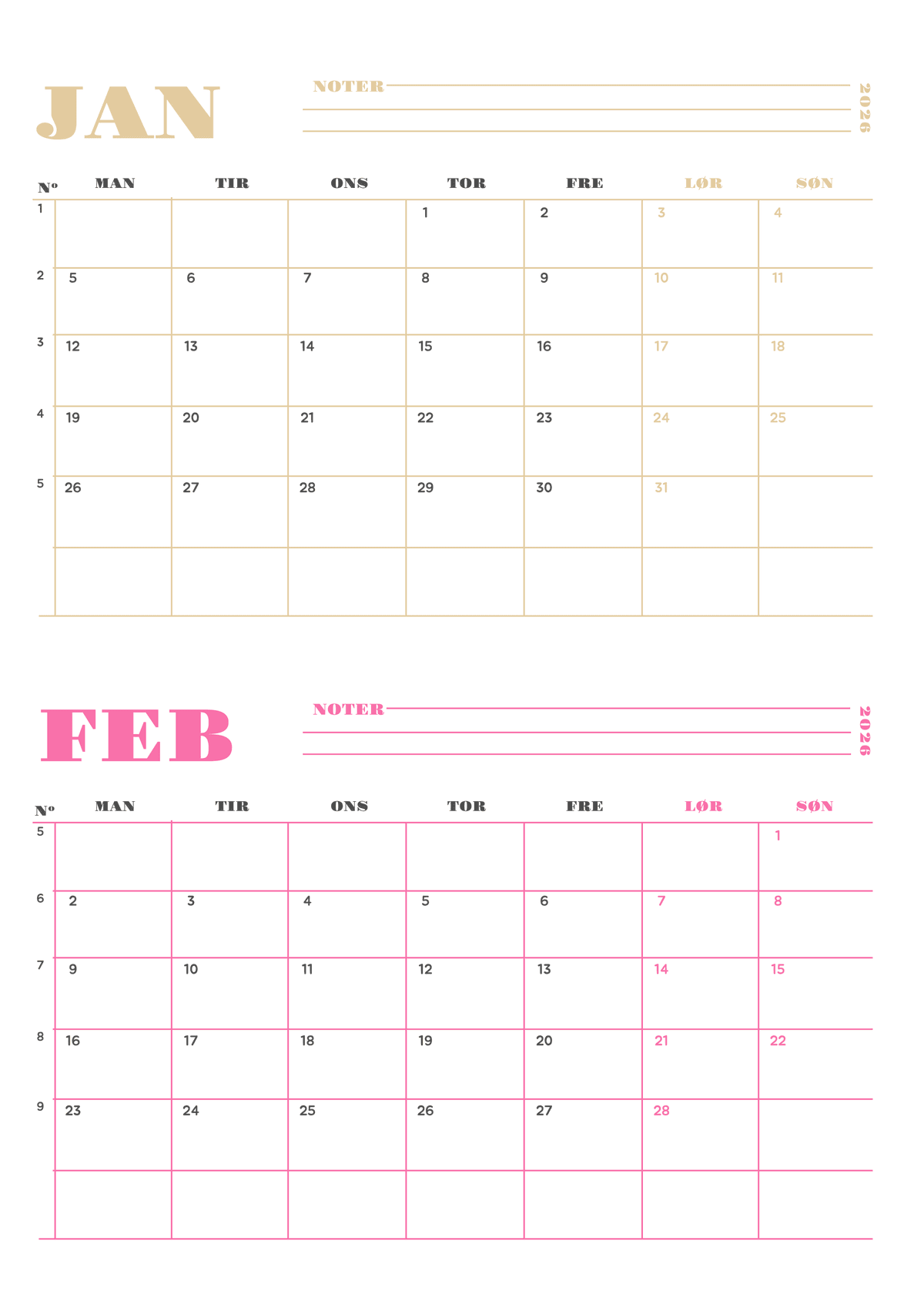 Farverig 2-måneders kalender