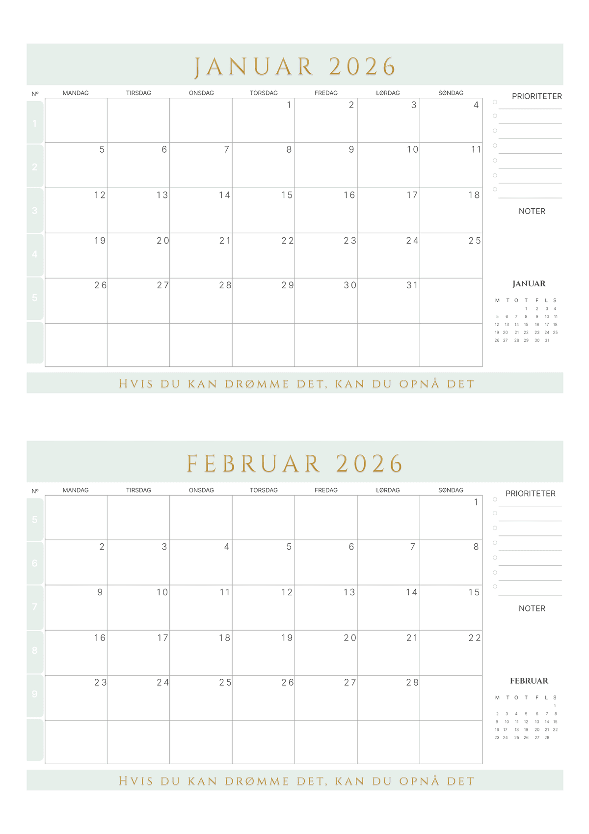 Farverig 2-måneders kalender