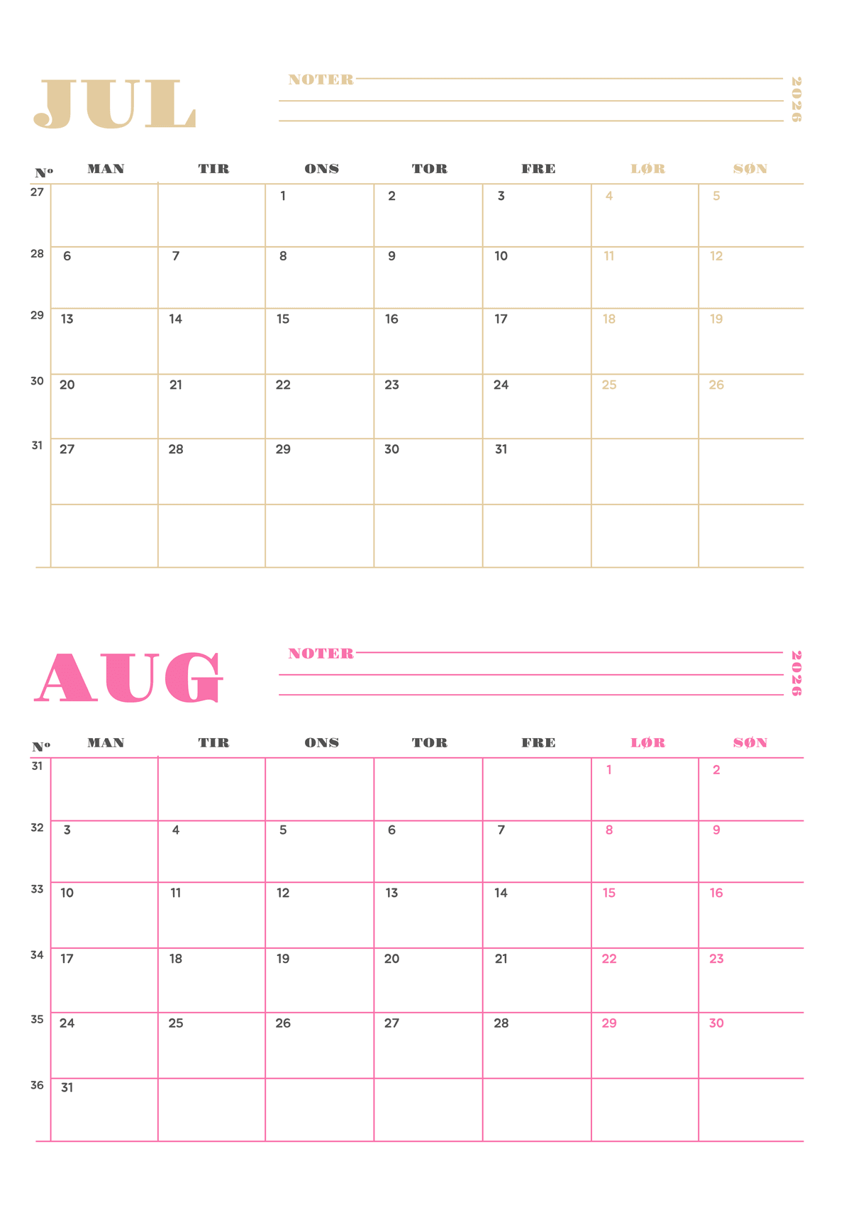 Farverig 2 måneders kalender