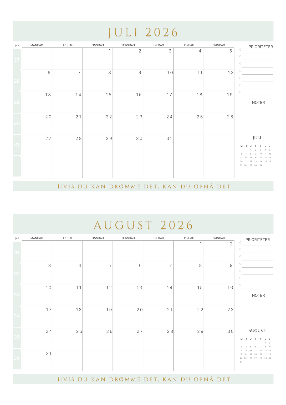 Farverig 2 måneders kalender