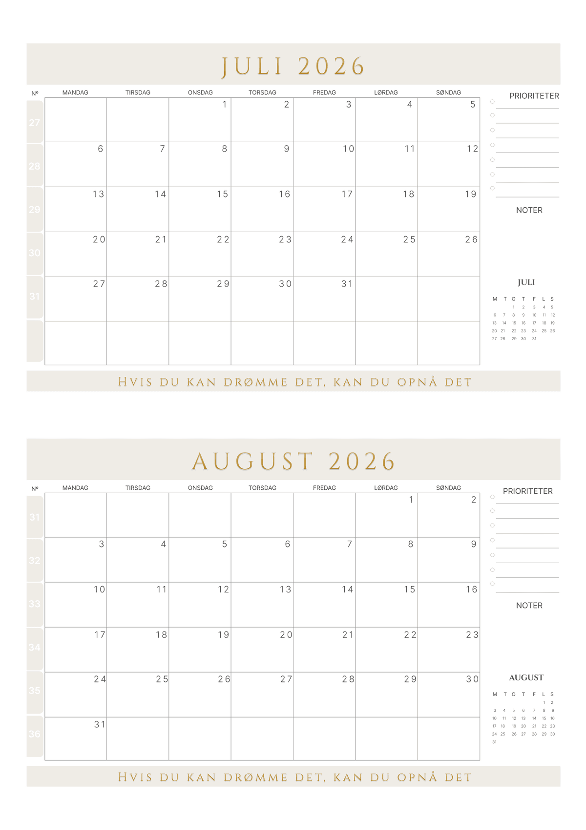 Regnbuefarver 2 måneders kalender