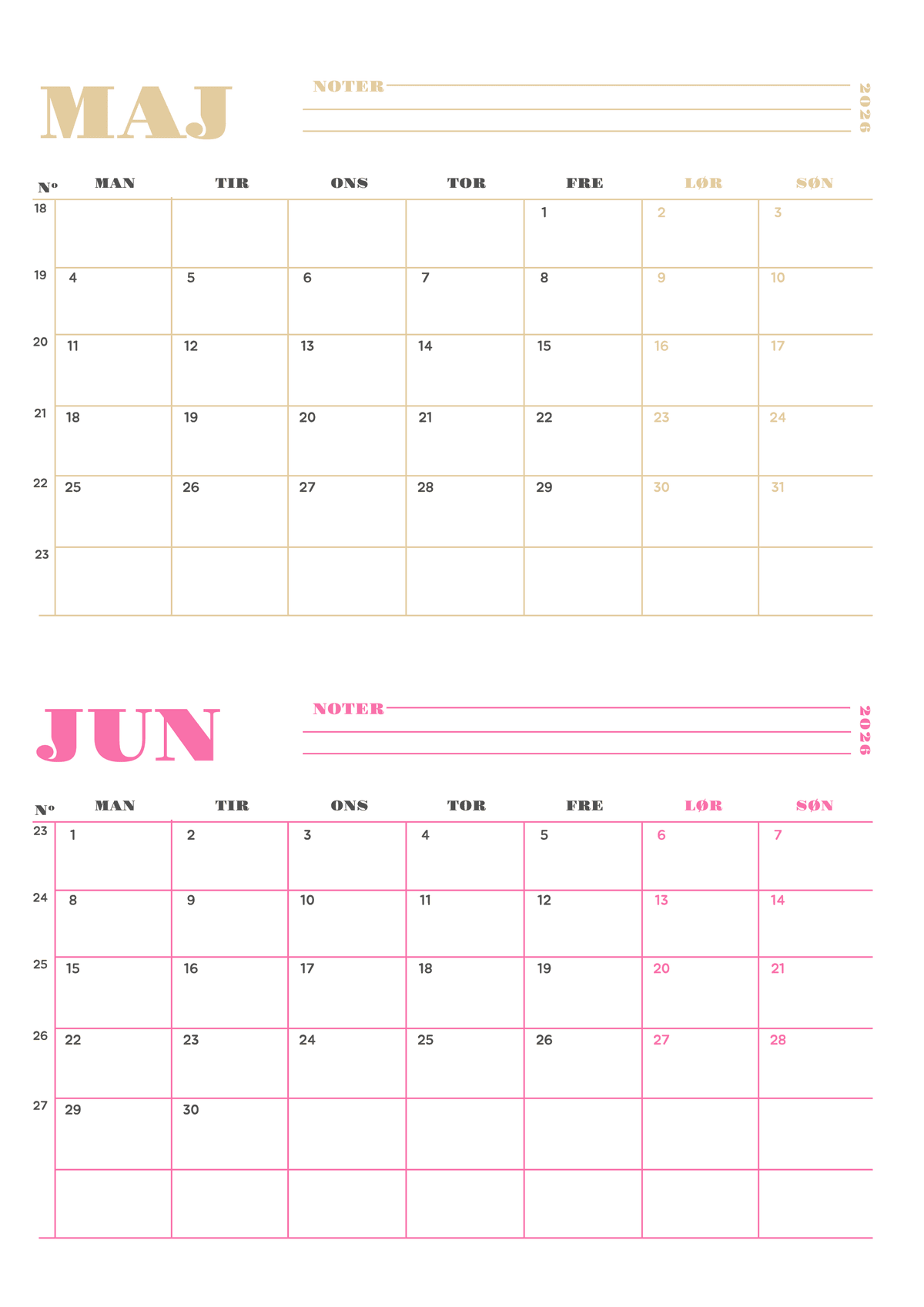 Farverig 2-måneders kalender