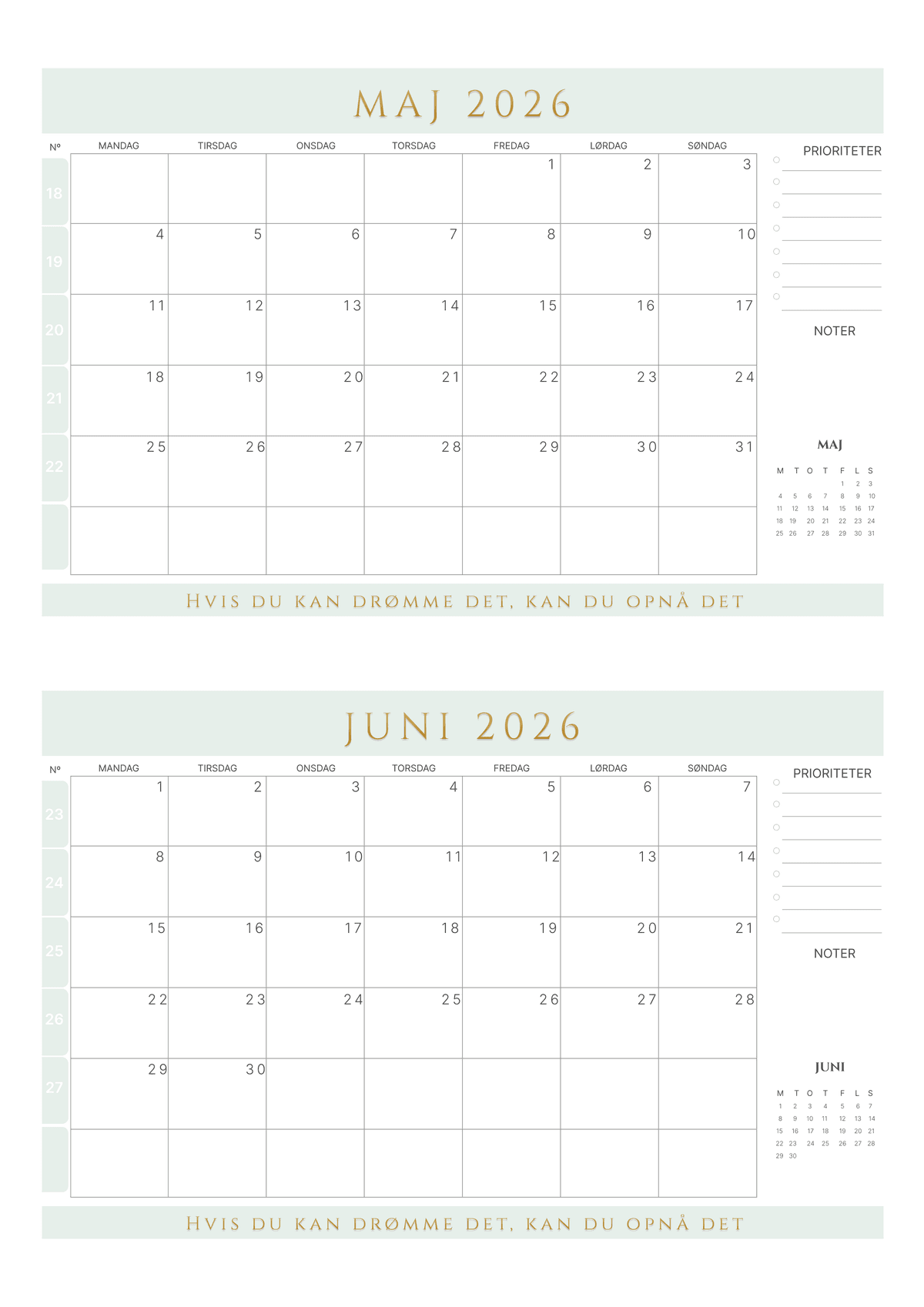 Regnbuefarver – 2-måneders kalender