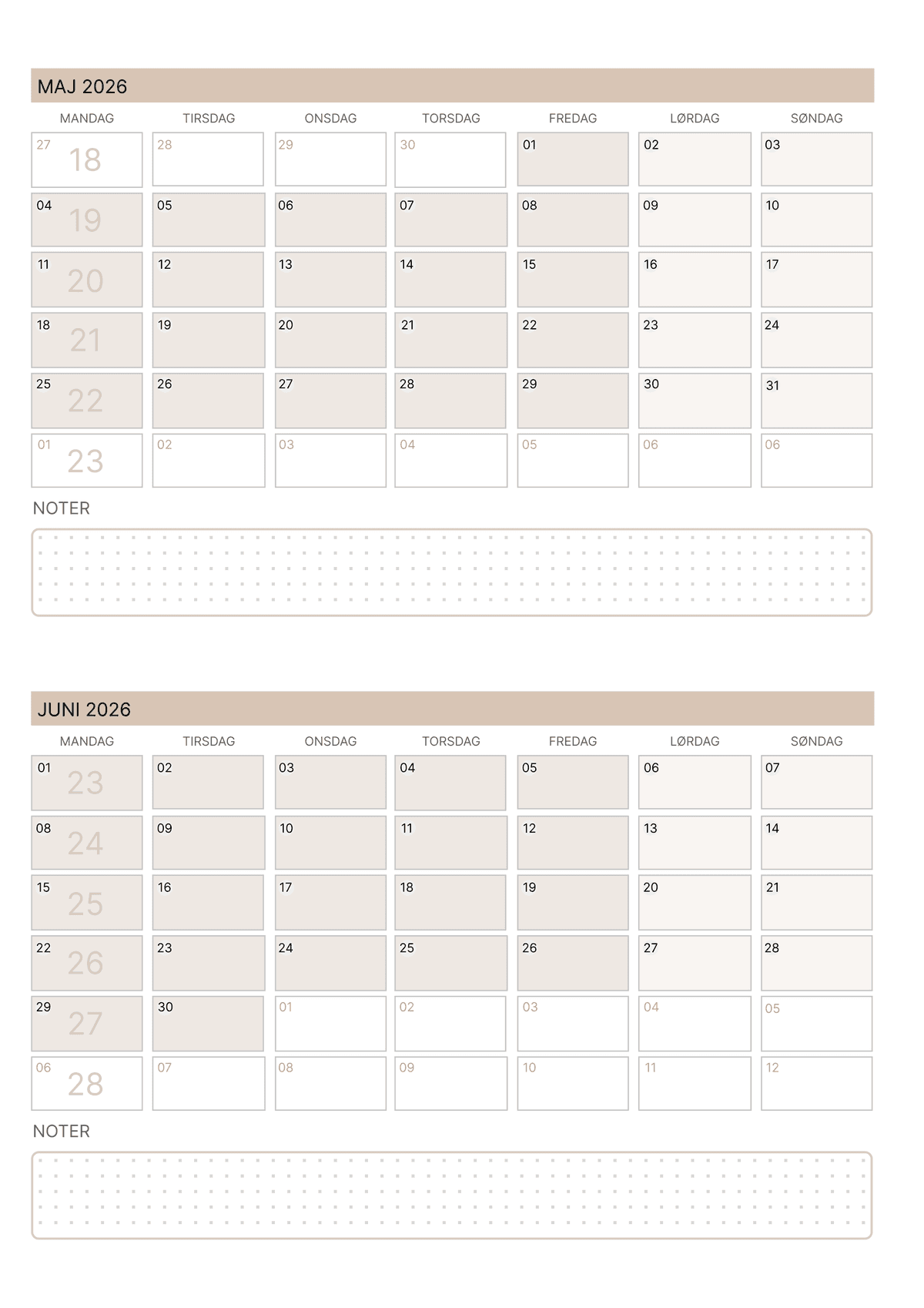 Farverig 2-måneders kalender