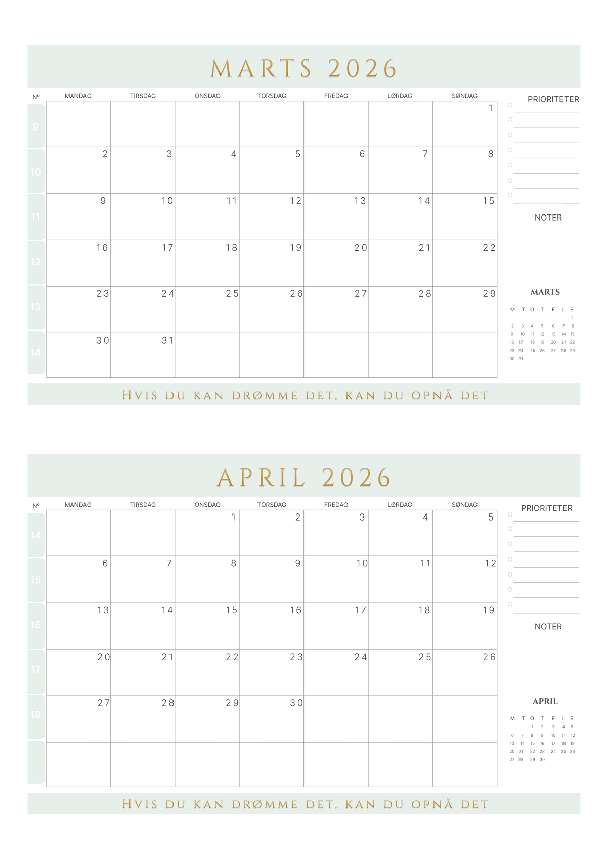 Farverig 2-måneders kalender