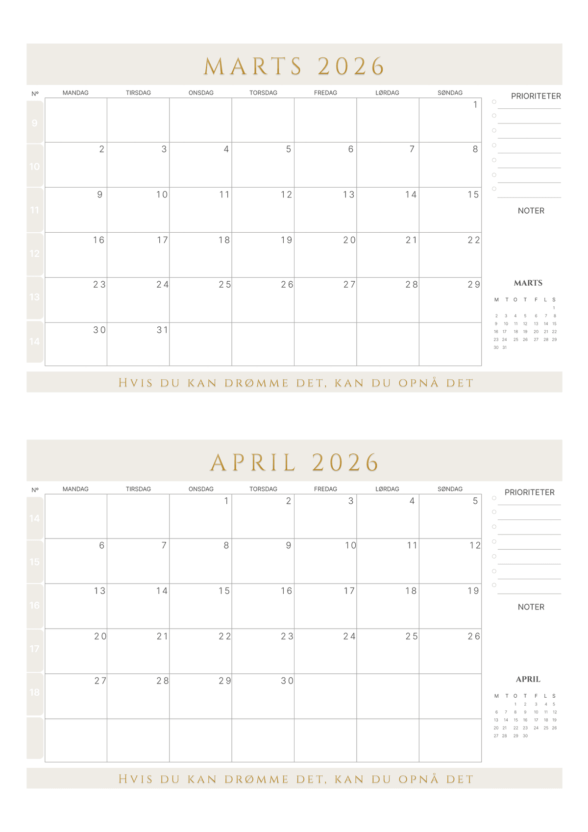 Regnbuefarver – 2-måneders kalender