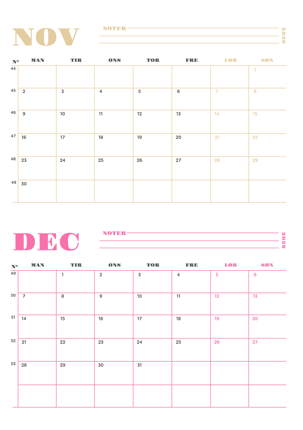 Farverig 4-måneders kalender