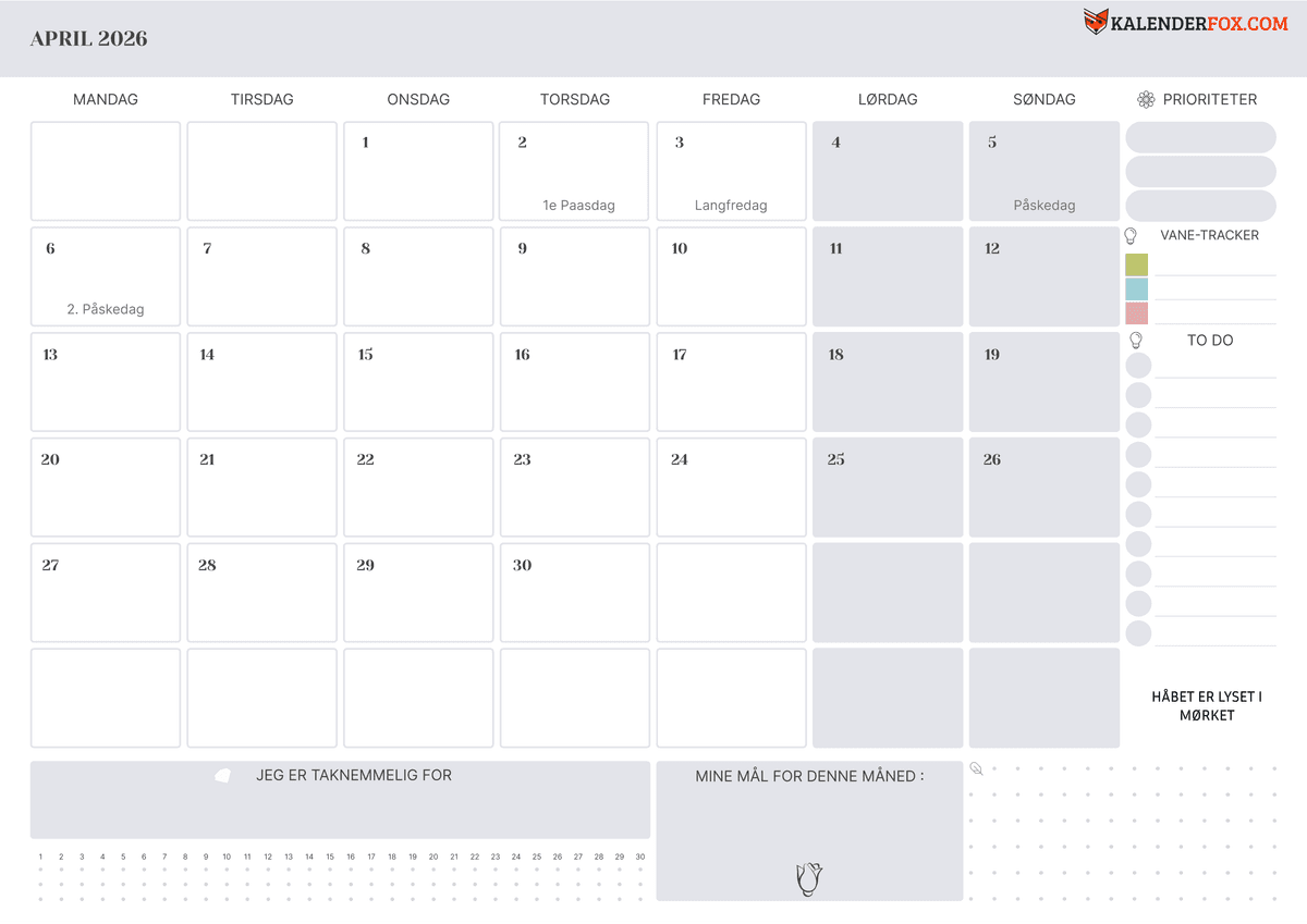 April kalender med helligdage