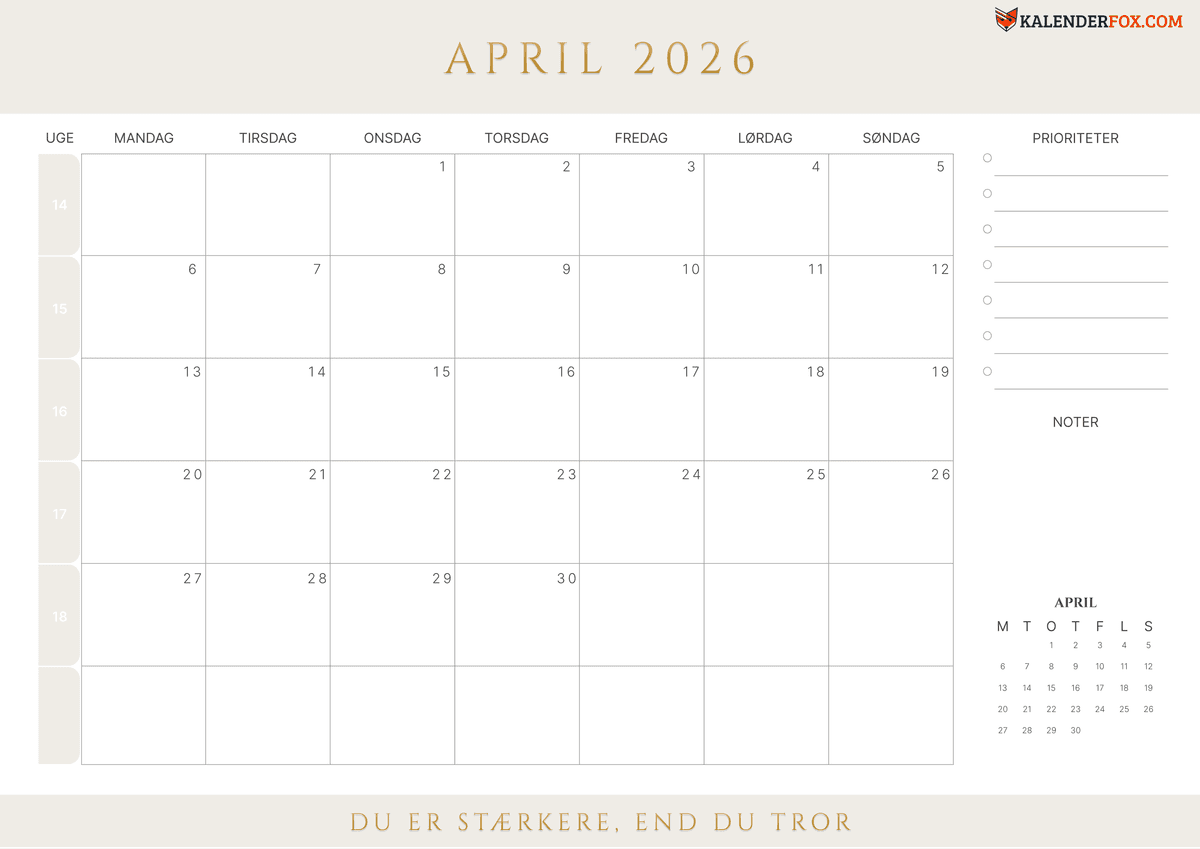 April-kalender med ugenumre