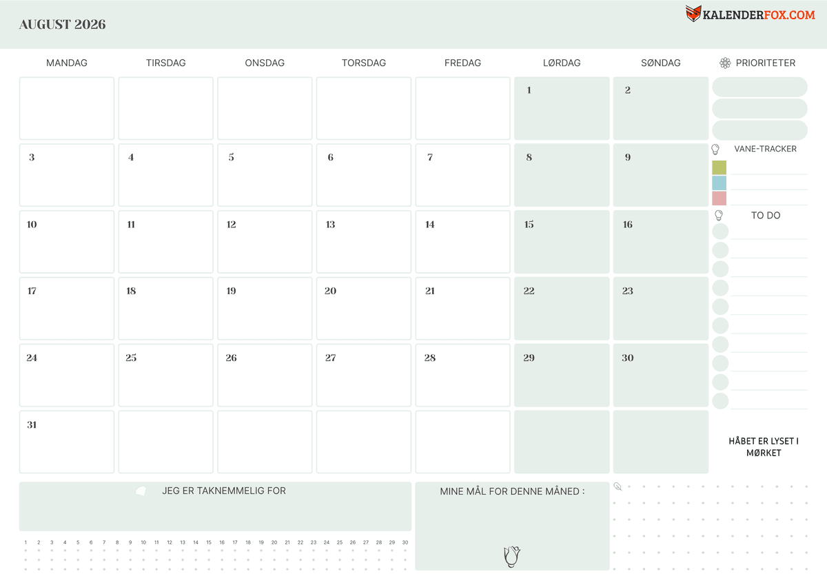August-kalender med to-do-liste