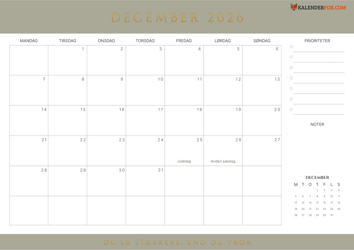 Kalender Dec Kalender December 2026 Print Selv Gratis β 20 PDF skabeloner
