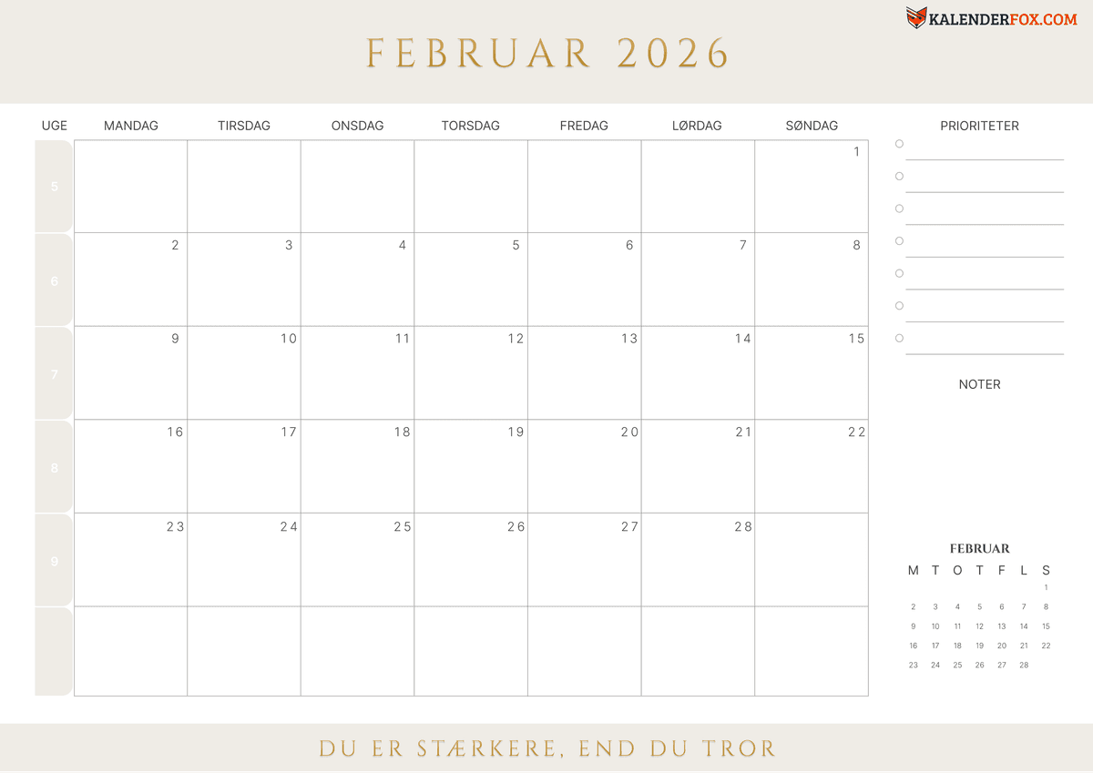 Februar kalender med ugenummer