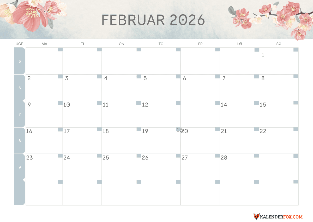 Romantisk blomster februar 2026 udskrivbar kalender
