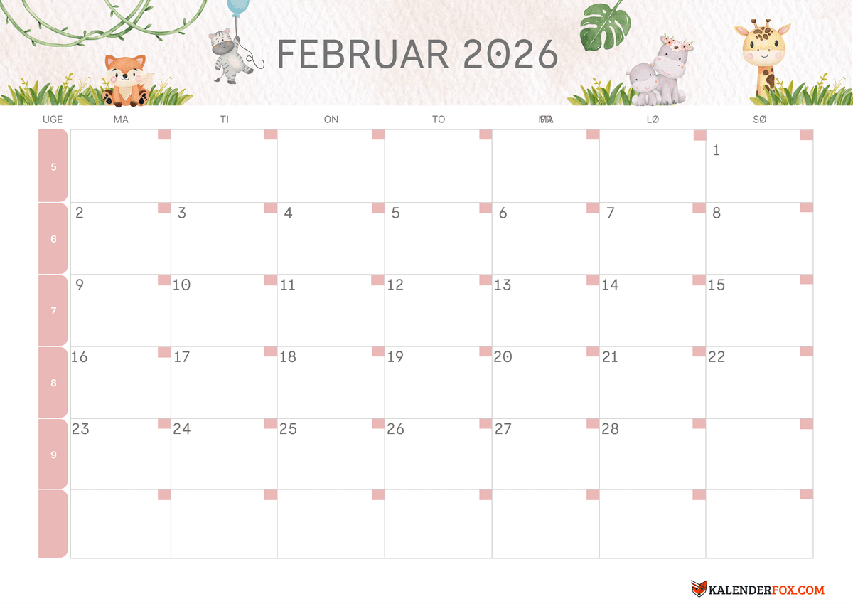 Februar 2026 børnekalender med dyr – sødt safari-tema udskrivbar