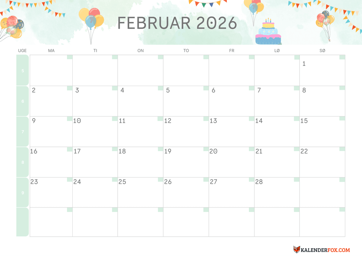 Fødselsdagsfest februar 2026 udskrivbar kalender