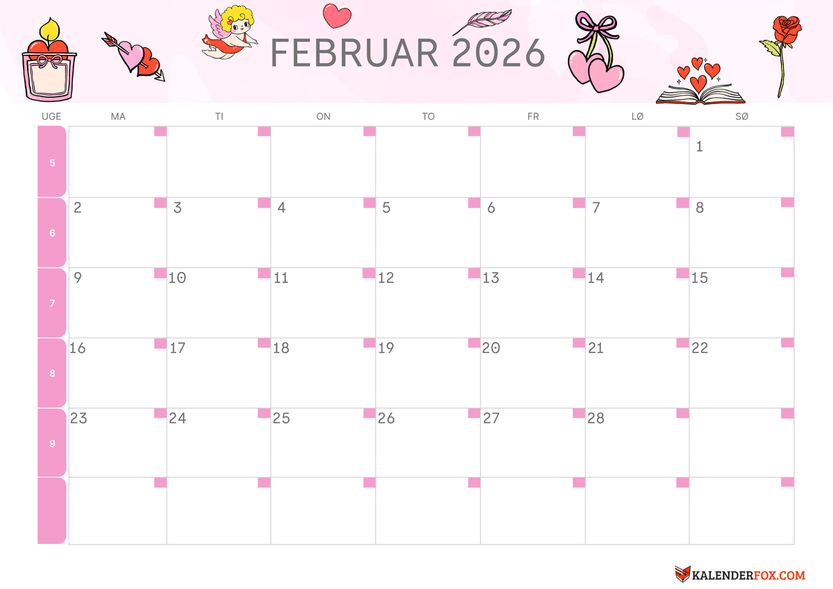 Februar kalender med sød Amor og rød rose