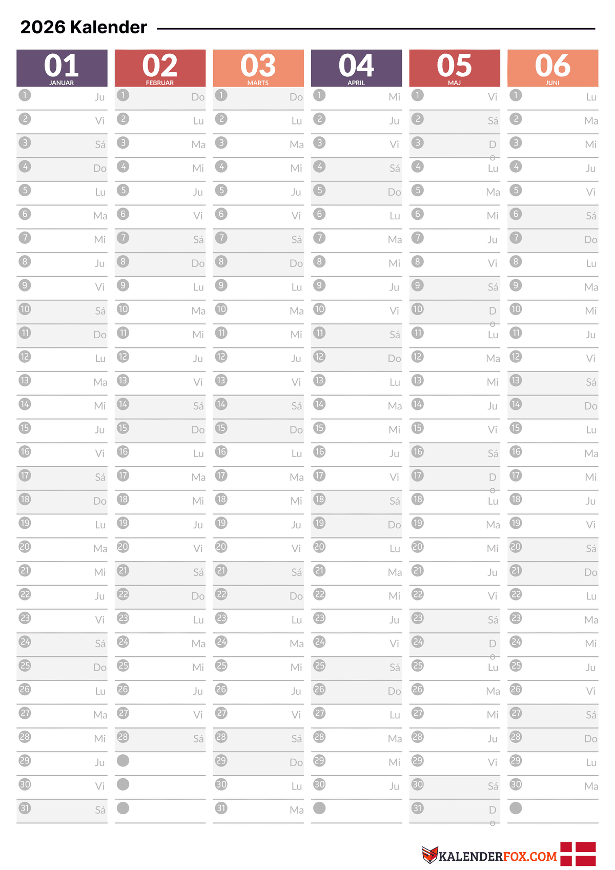 Farverig 6-måneders kalender - Januar til Juni 2026