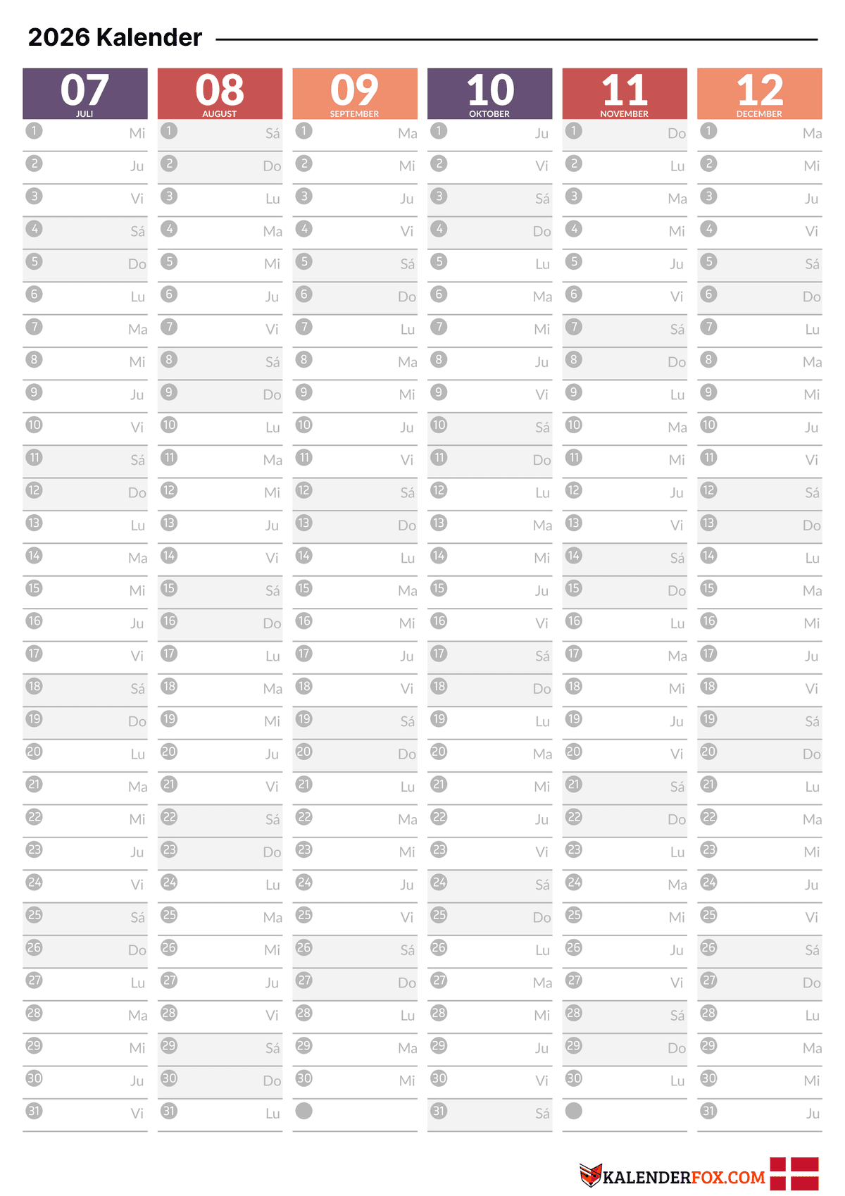 Regnbuefarvet 6-måneders kalender - Juli til December 2026