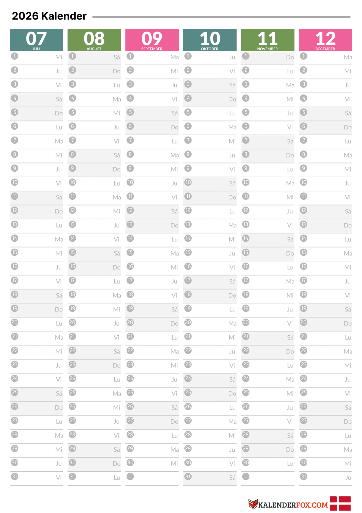 Farverig 6-måneders kalender - Juli til December 2026