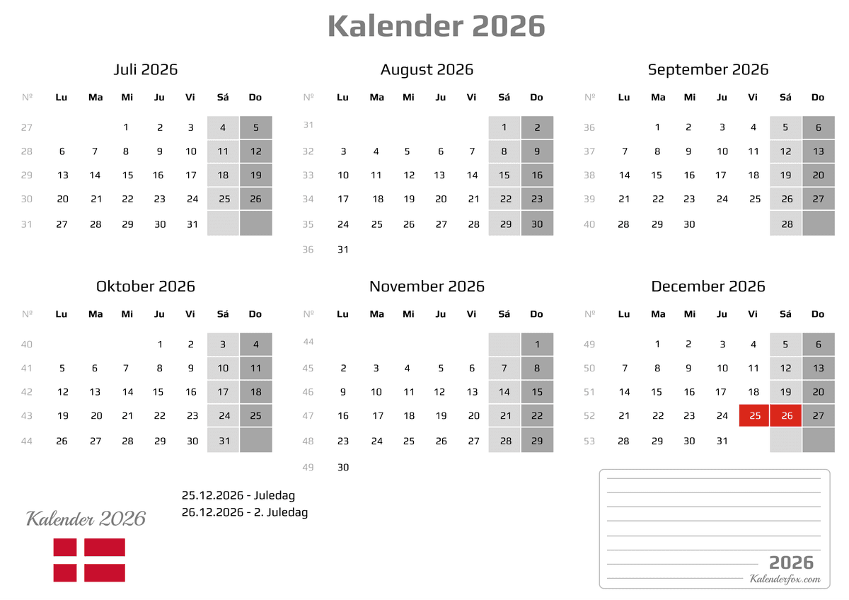 Seksmåneders kalender - Juli til December med helligdage