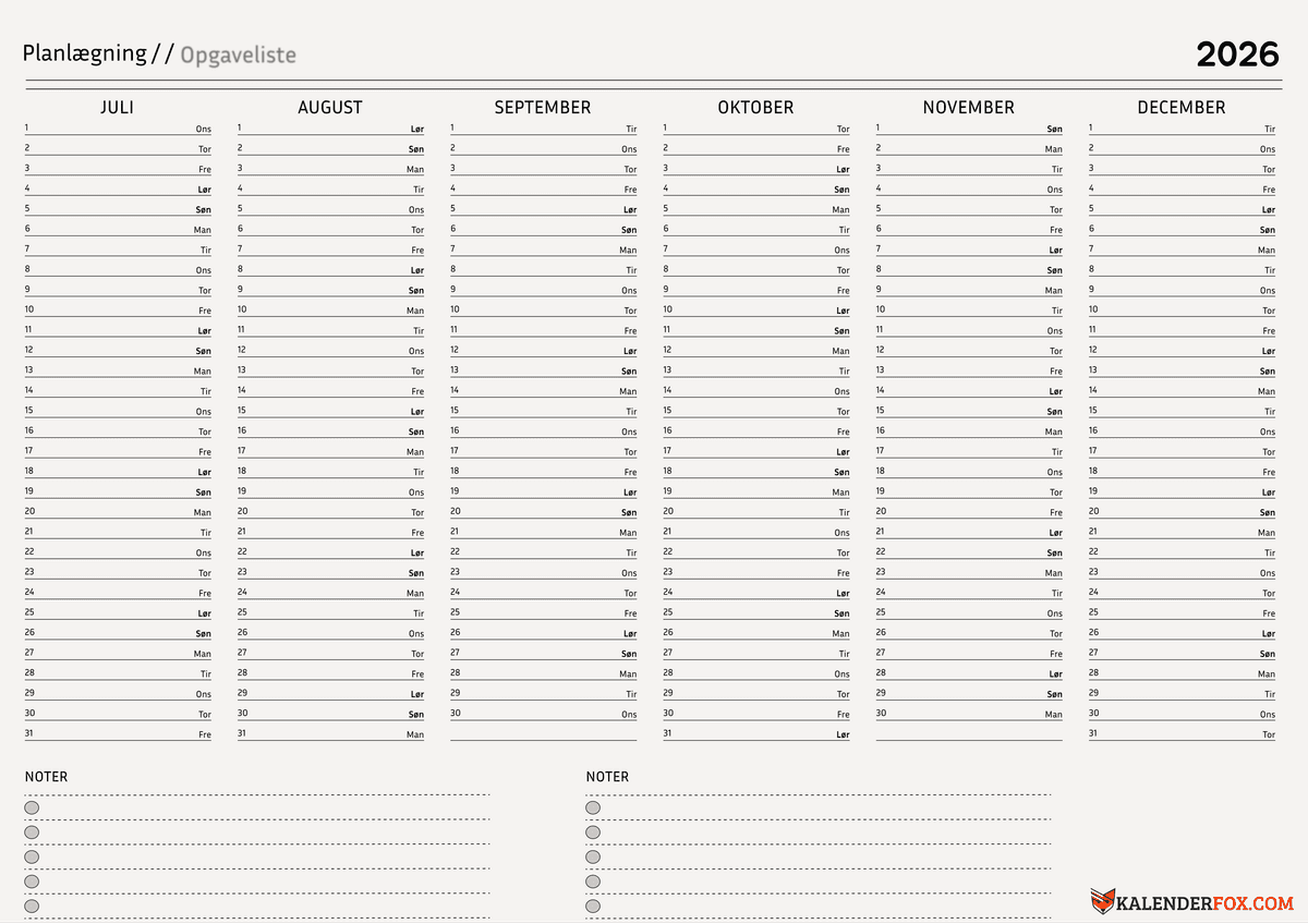 Minimalistisk cremefarvet kalender - Juli til December