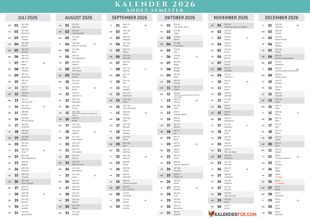 Tosca farvet kalender - Juli til December