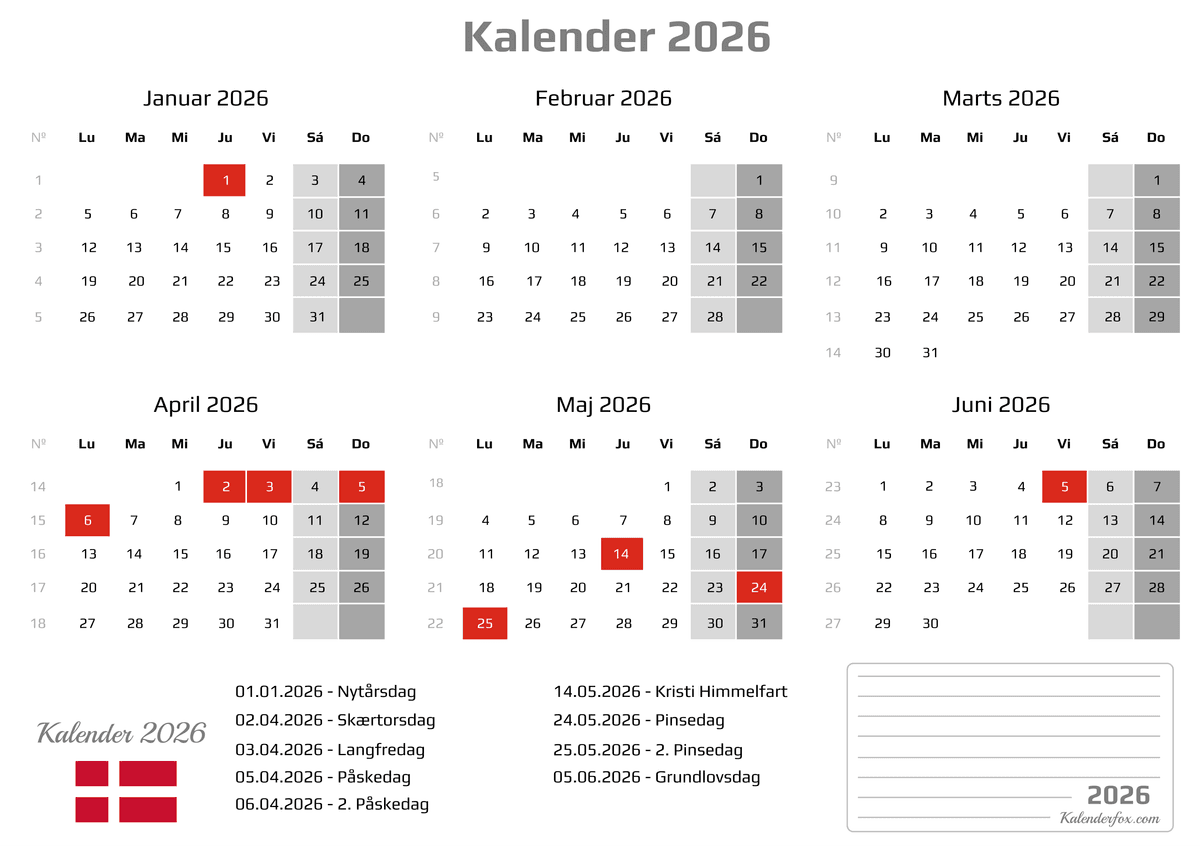 Seksmåneders kalender - Januar til Juni