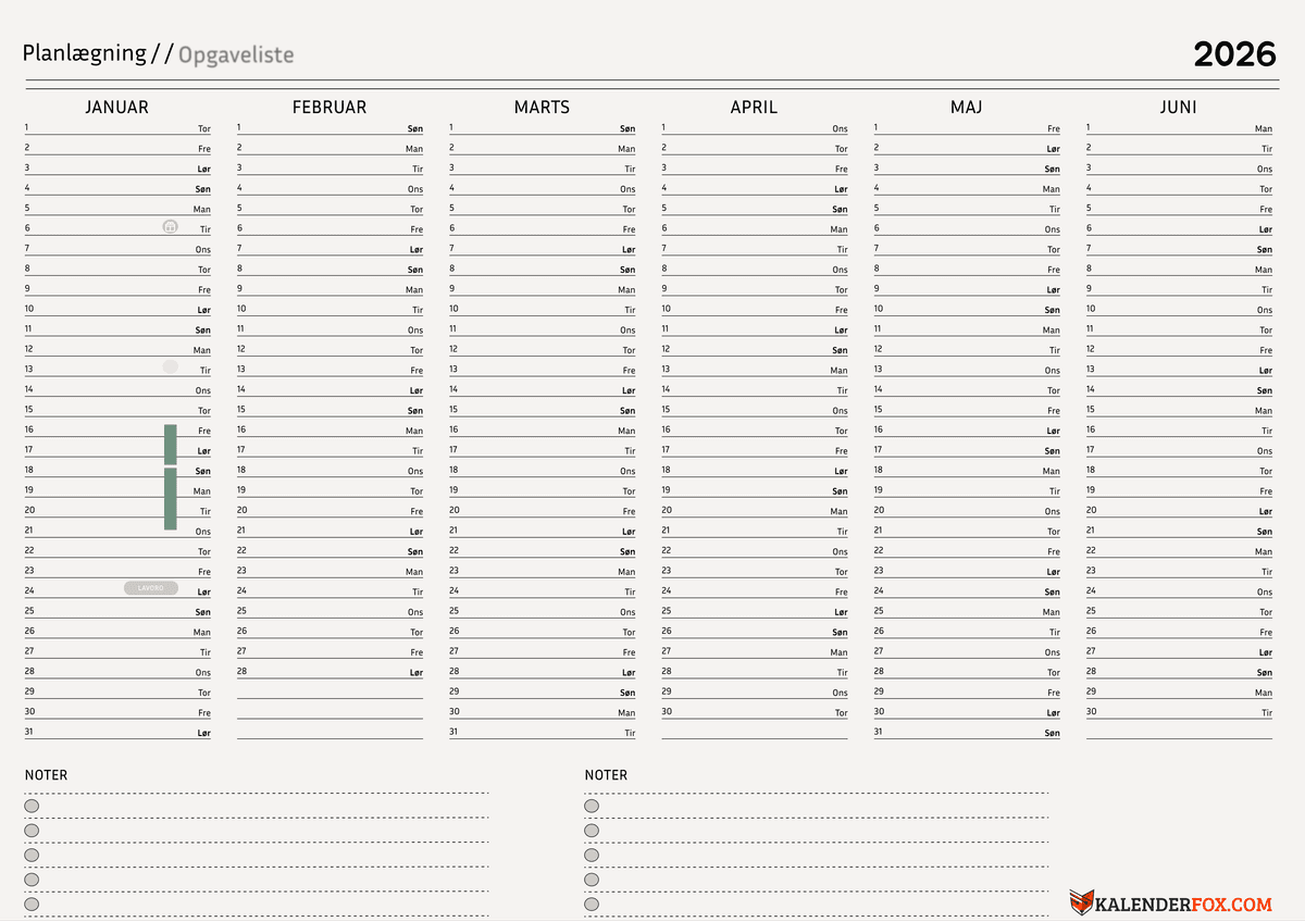 Minimalistisk cremefarvet seksmåneders kalender