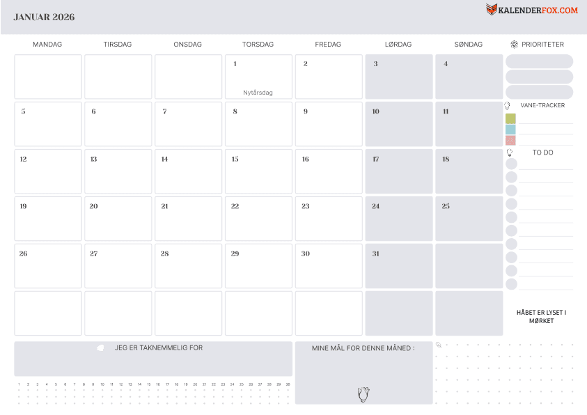 Januar kalender med helligdage