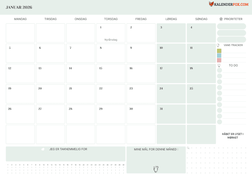 Januar kalender med prioriteter