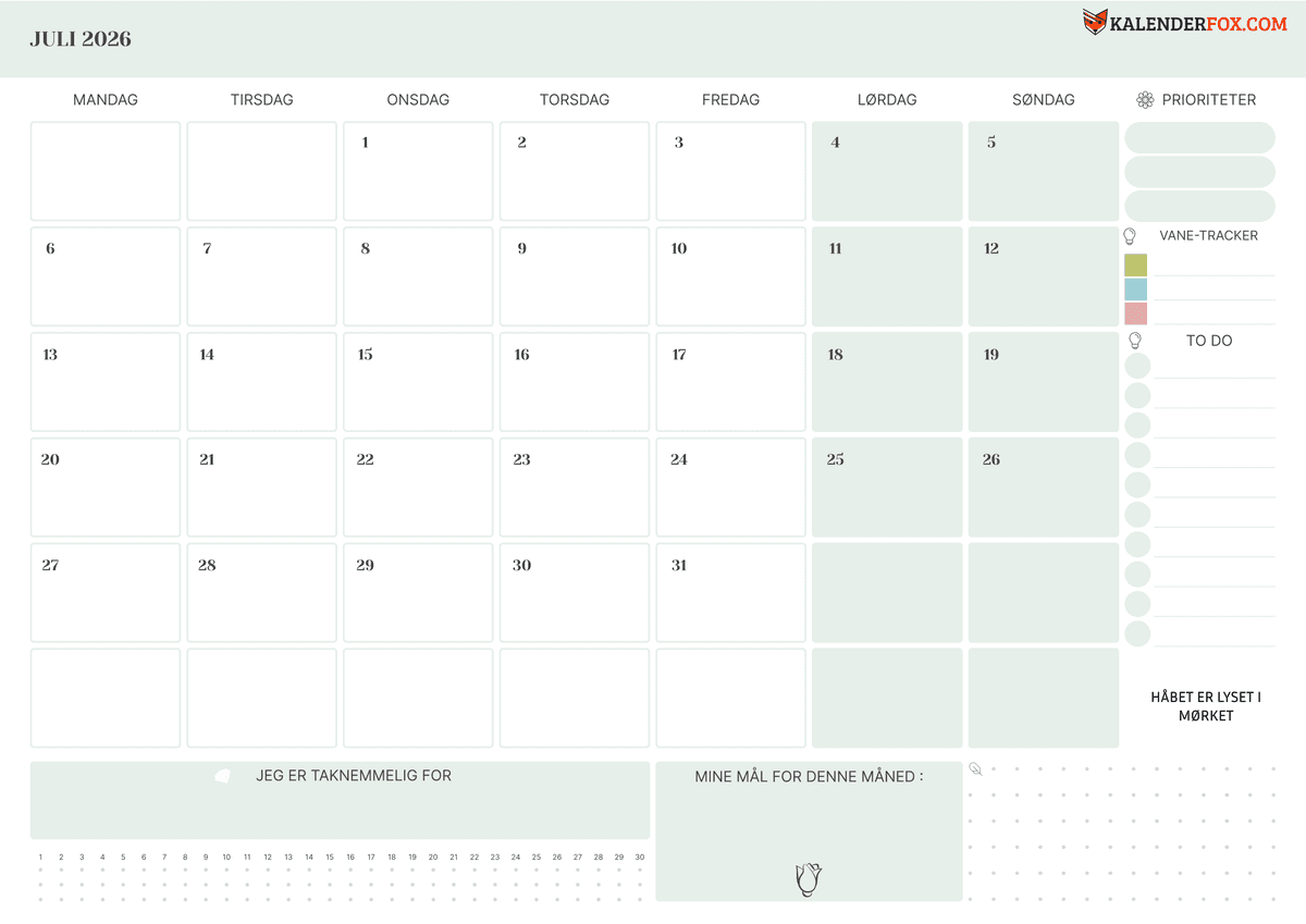 Juli-kalender med to-do-liste