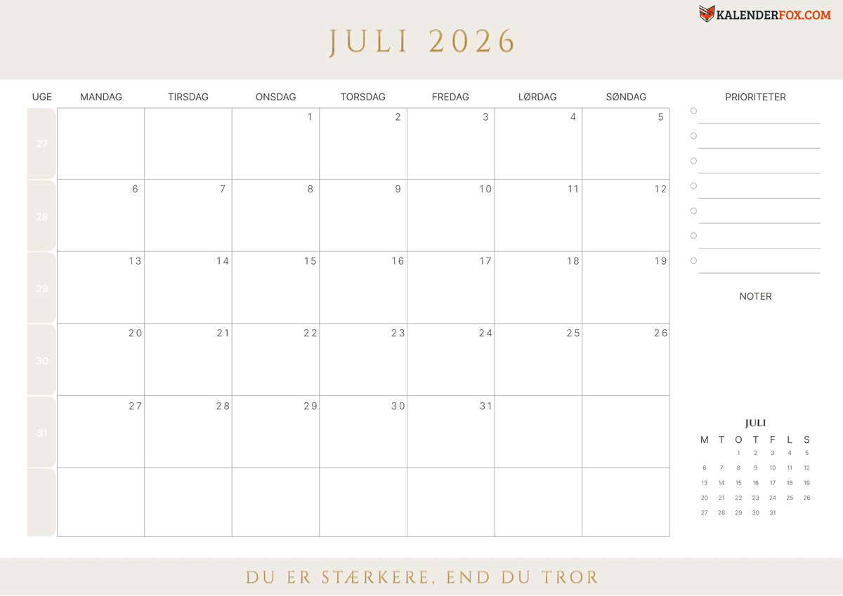 Juli-kalender med ugenumre