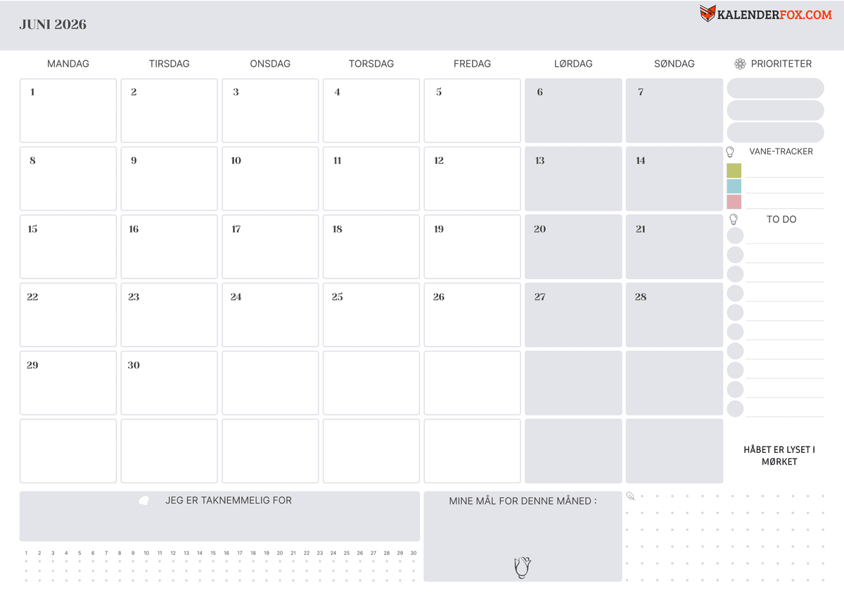 Juni-kalender med helligdage