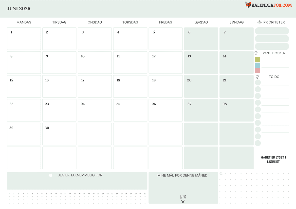 Juni-kalender med to-do-liste