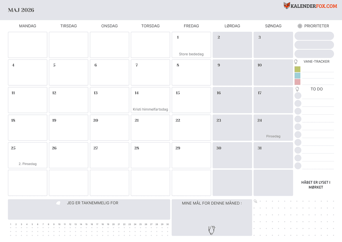 Maj-kalender med helligdage