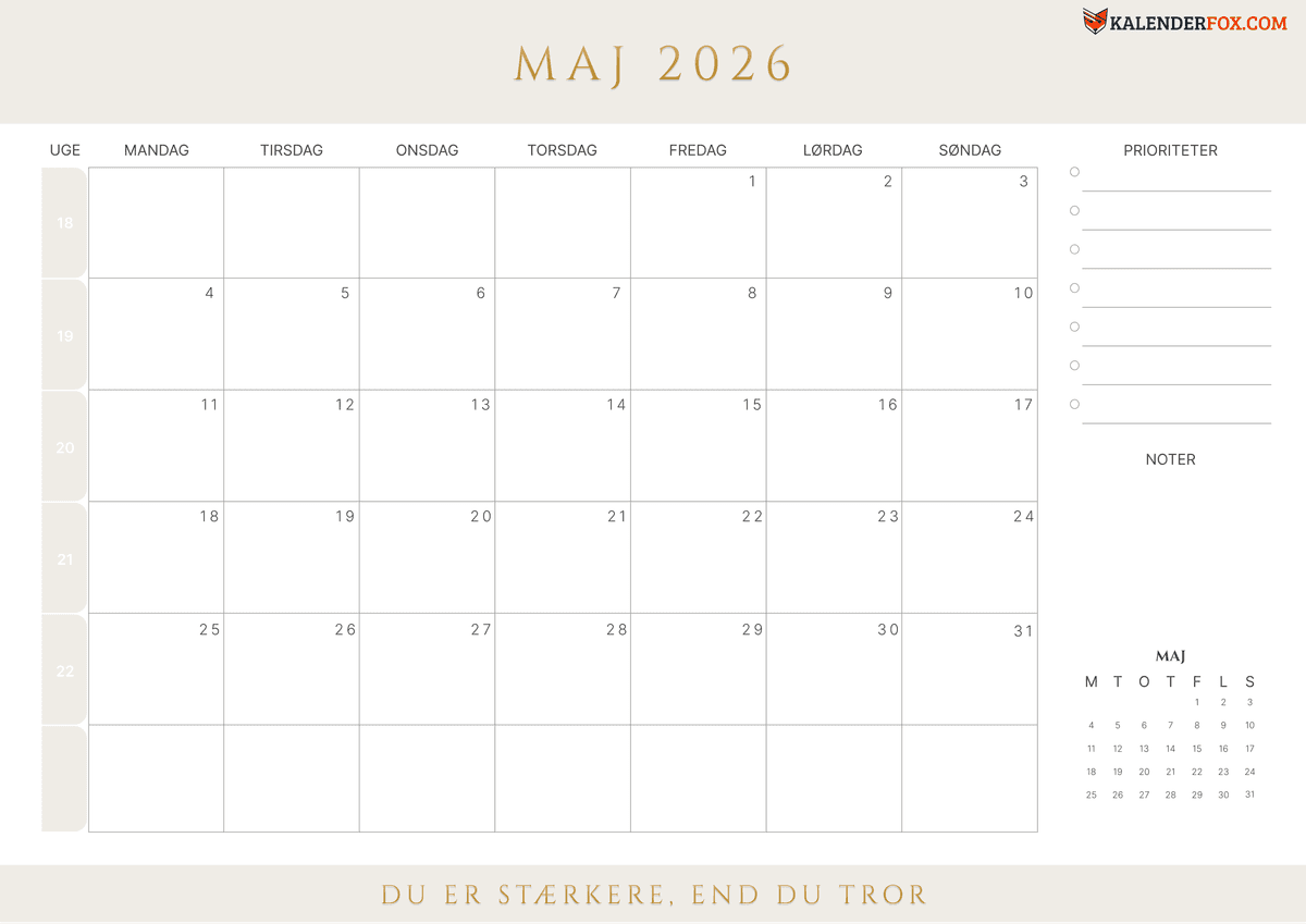 Maj-kalender med ugenumre