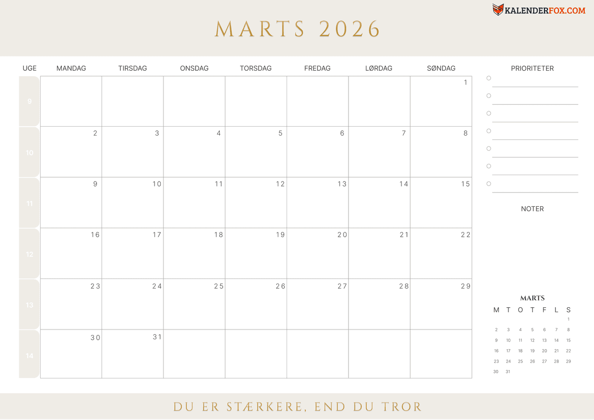 Marts-kalender med ugenumre