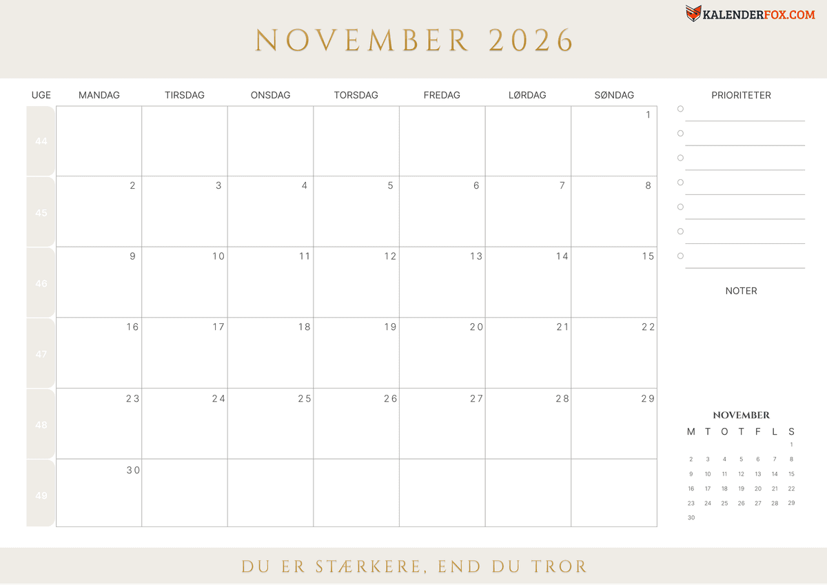 November-kalender med ugenumre