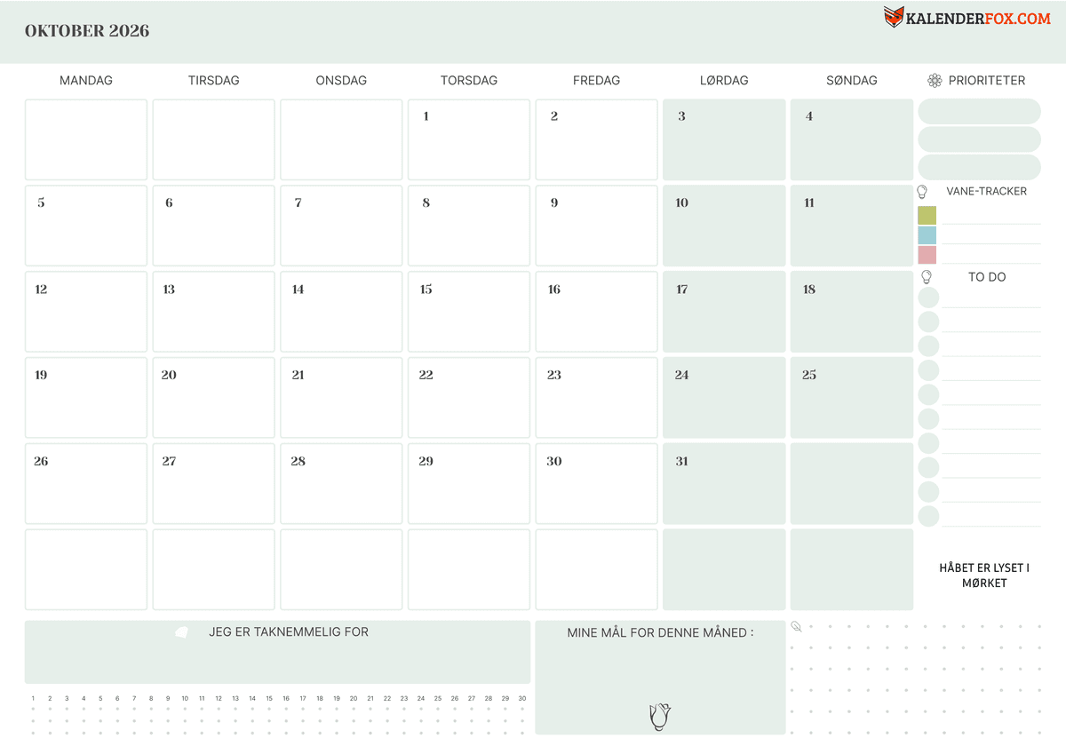 Oktober-kalender med to-do-liste