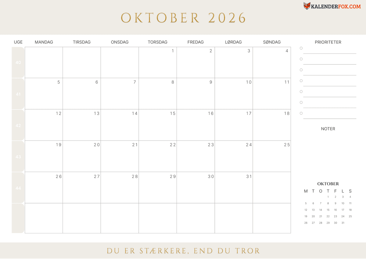 Oktober-kalender med ugenumre
