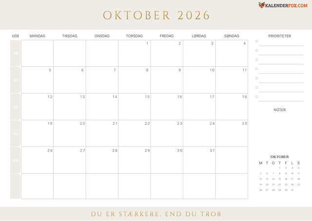 Kalender Oktober 2026 Print Selv Gratis 20 PDF Skabeloner Kalender Oktober 2026 Print Selv Gratis 20 PDF Skabeloner