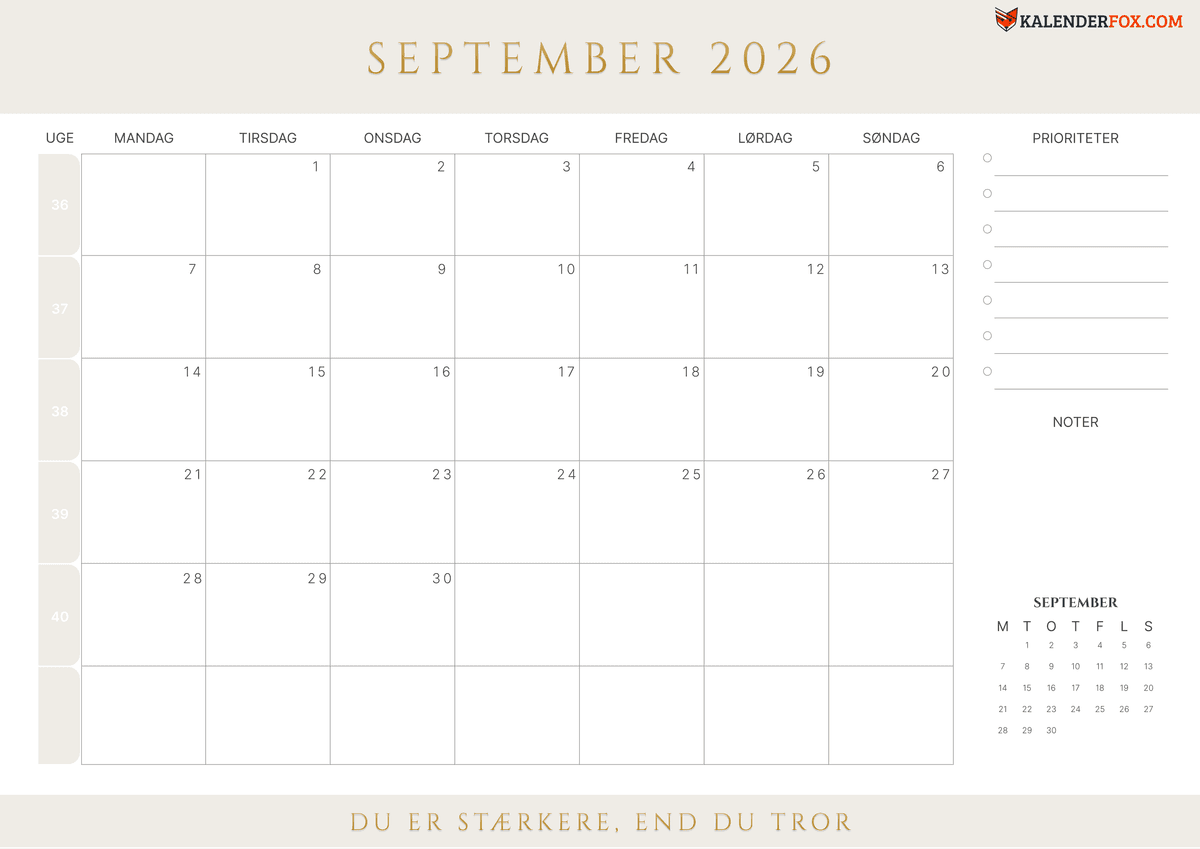 September-kalender med ugenumre