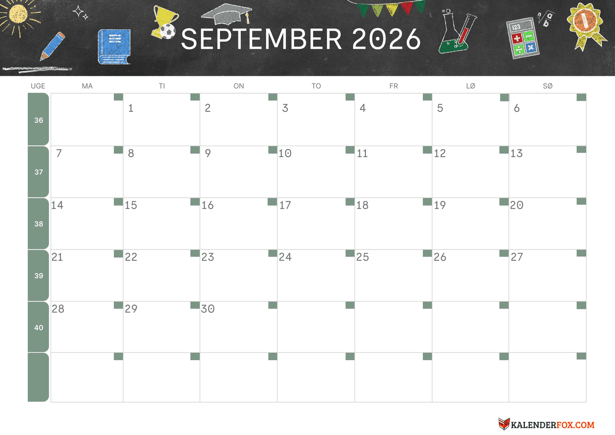 September-kalender tilbage til skole tema 1
