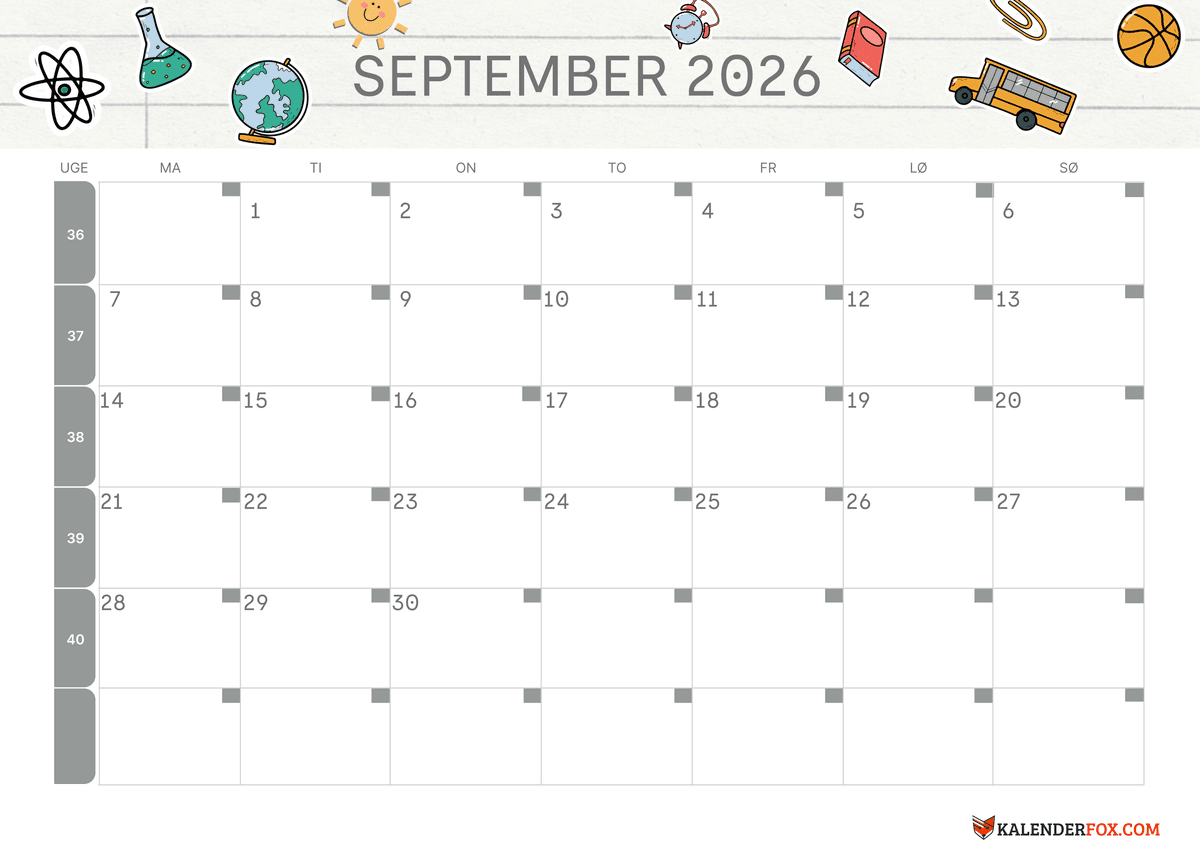 September-kalender tilbage til skole tema 2