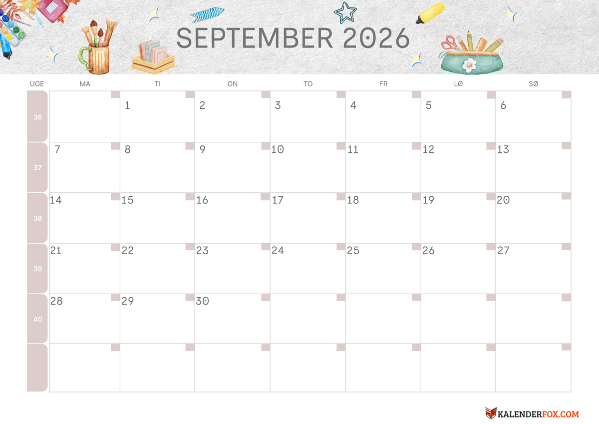 September-kalender tilbage til skole tema 3