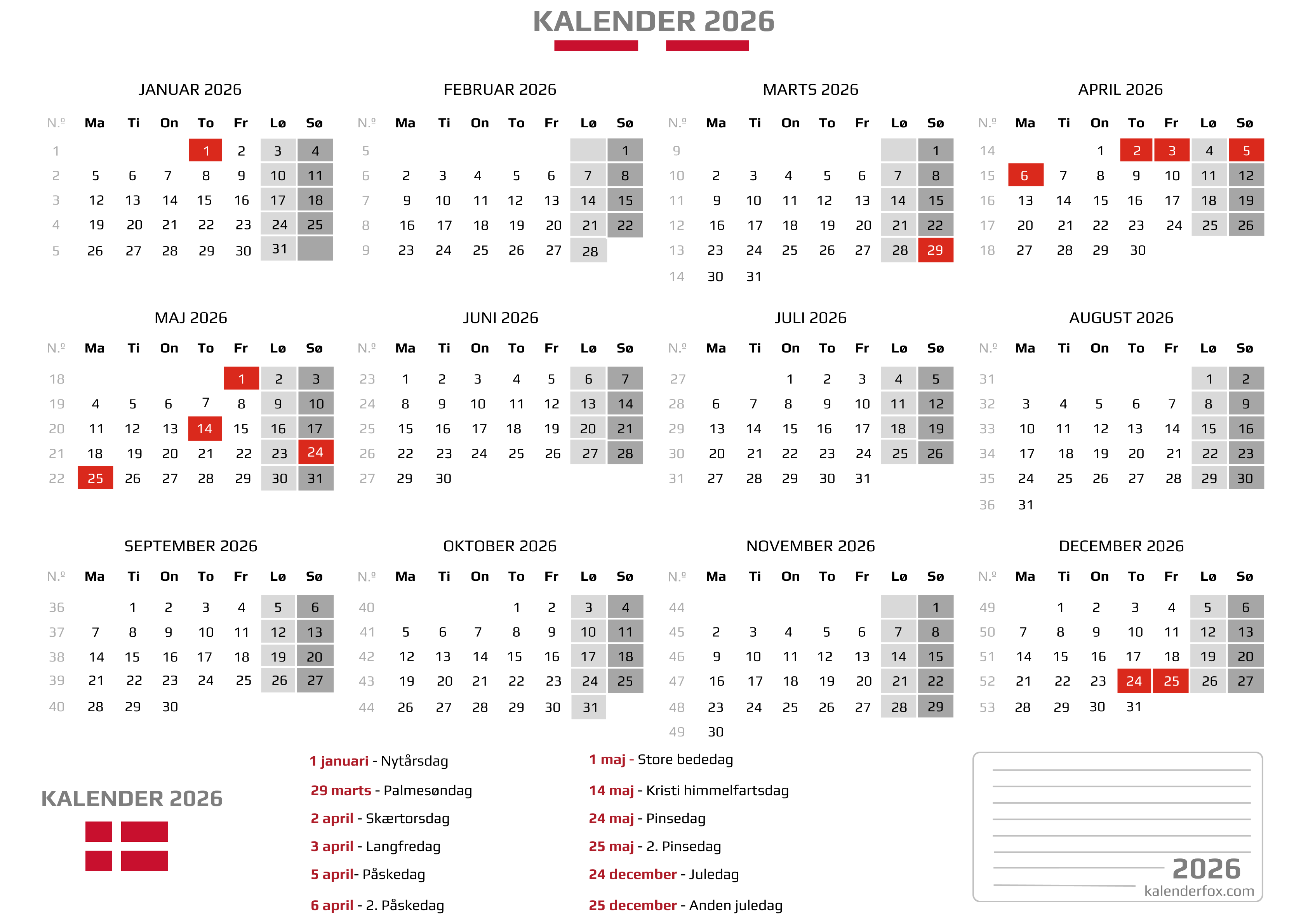 Kalender 2026 Print Selv PDF Gratis